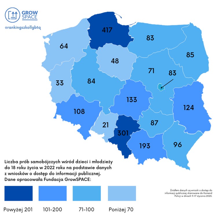 Liczba prób samobójczych wśród dzieci i młodzieży do 18 roku życia w 2022 roku na podstawie danych z wniosków o dostęp do informacji publicznej.