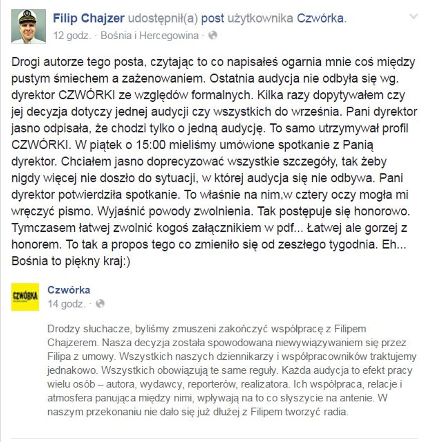 Czwórka wyjaśnia powody zwolnienia Chajzera