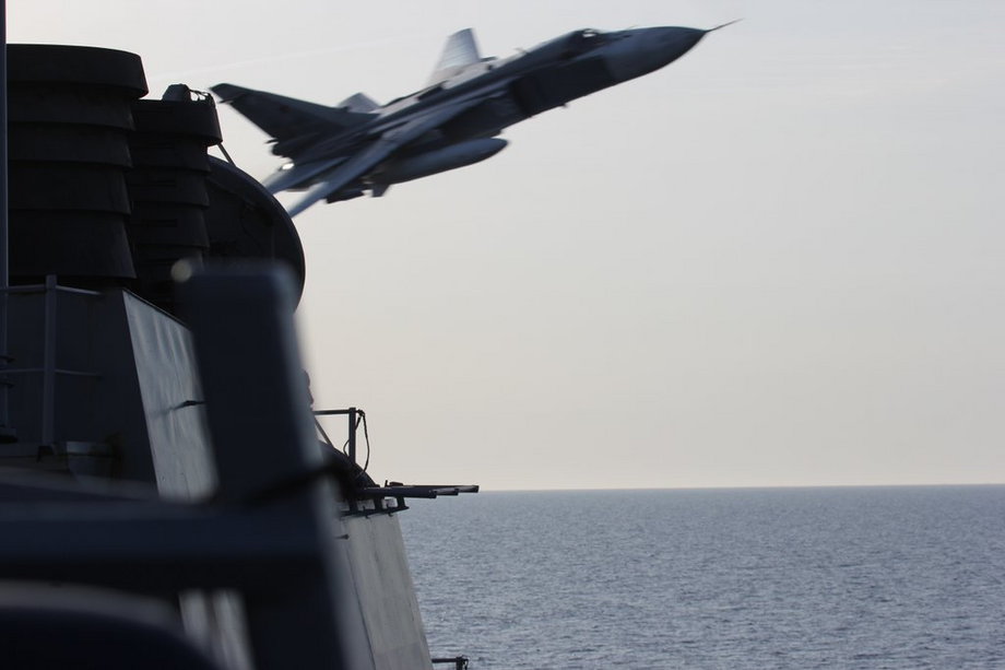 A Russian Su-24 attack aircraft making very-low altitude pass by the USS Donald Cook on April 12, 2016.