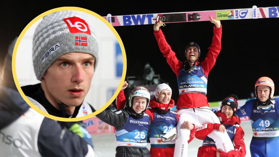 Norwegowie kochają skoki narciarskie? Tak mówią o polskich sportowcach (Na zdjęciu od lewej w żółtym kółku Halvor Egner Granerud, obok Polacy: Aleksander Zniszczoł, Paweł Wąsek, Piotr Żyła, Kamil Stoch i Dawid Kubacki)