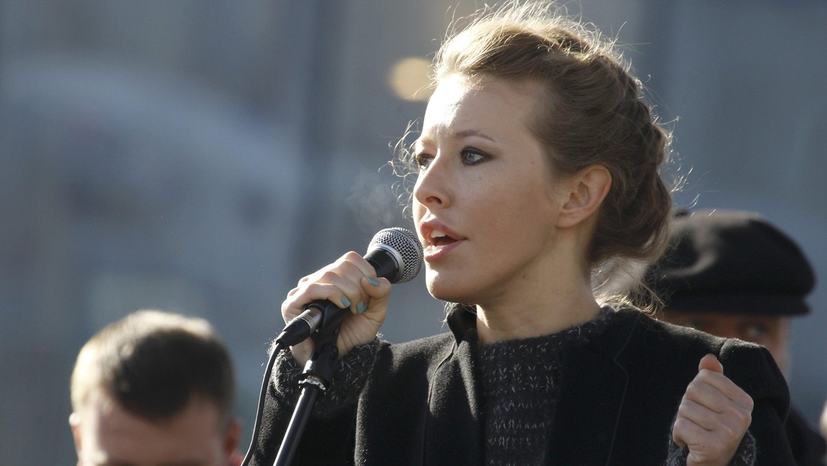 Television host and opposition activist Sobchak delivers a speech during a demonstration for fair el