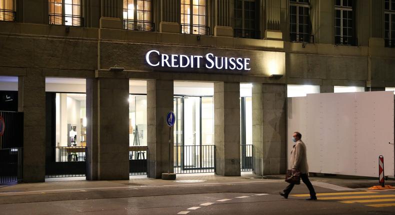 The logo of Swiss bank Credit Suisse is seen at a branch office in Bern, Switzerland October 28, 2020. Picture taken October 28, 2020.Arnd Wiegmann/Reuters