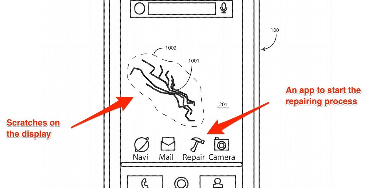 Na rysunku we wniosku patentowym Motoroli widać porysowany ekran telefonu i aplikację do naprawy urządzenia