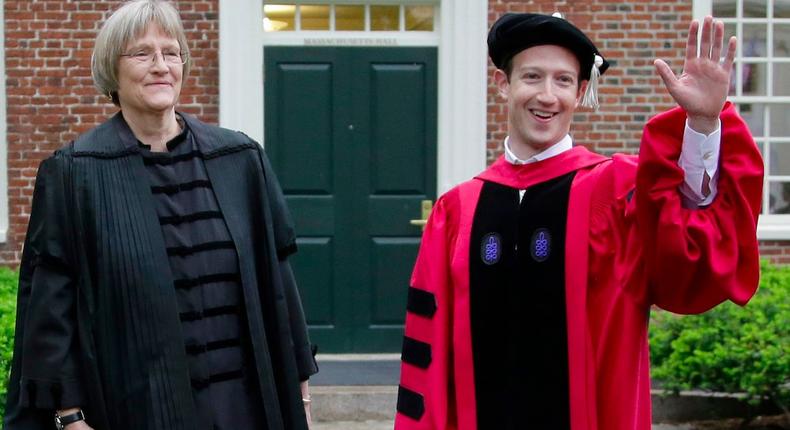 Harvard University President Drew Faust, left, with Facebook CEO Mark Zuckerberg, who gave the 2017 commencement address last week.