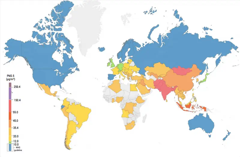 Mapa świata pokazująca zanieczyszczenie pyłem zawieszonym PM 25 w 2019 roku