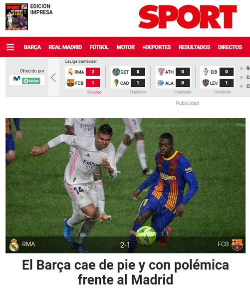 "Sport" po meczu Real Madryt - FC Barcelona