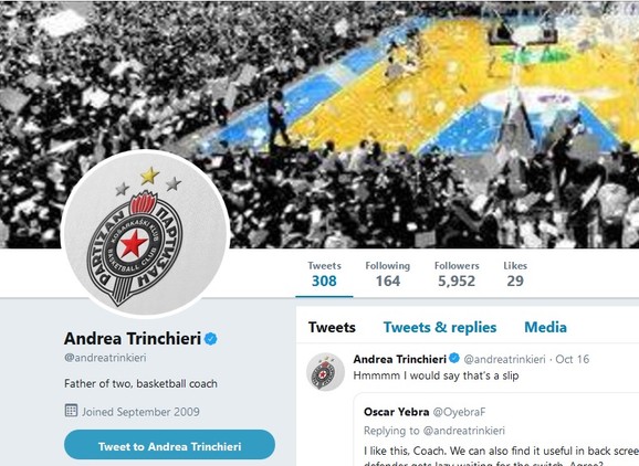 Trinkijerijev Tviter nalog sa grbom KK Partizan kao glavnom fotografijom korisnika
