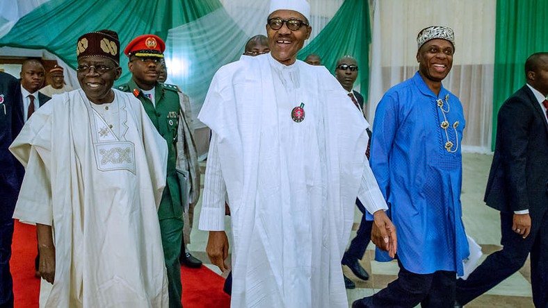 L-R: APC National Leader, Bola Tinubu, President Muhammadu Buhari and Minister of Transportation, Rotimi Amaechi [Facebook/Femi Adesina]