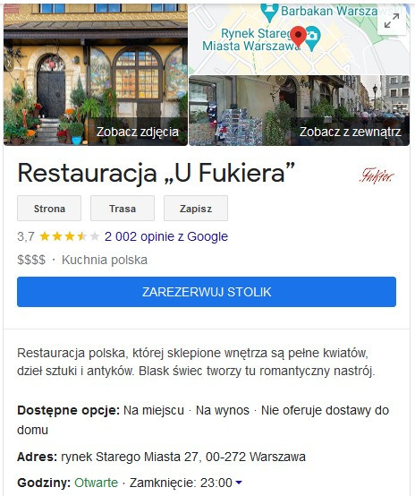 Restauracja "U Fukiera" w Google