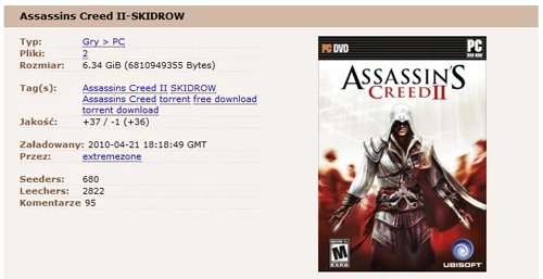 Karta tytułowa SKIDROW Relase gry Assassin's Creed 2, która krąży po sieciach torrent