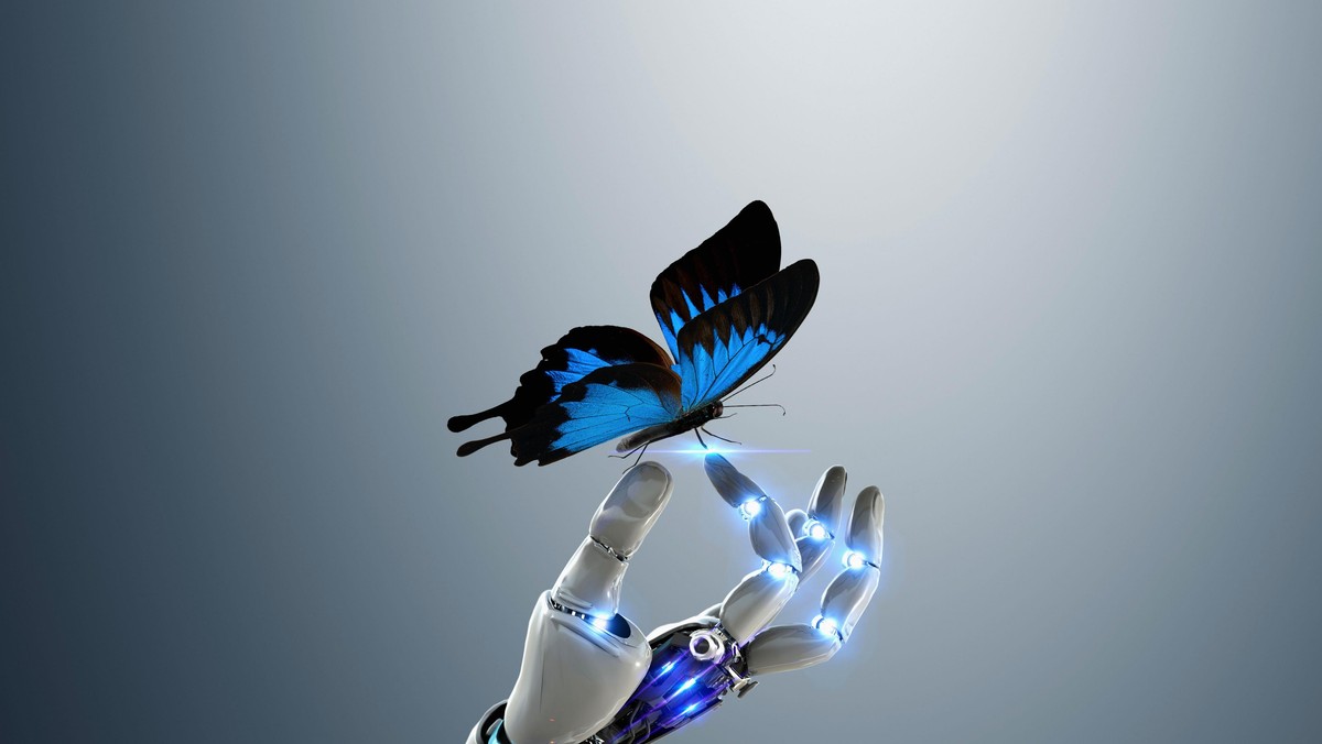 Robot hand holding butterfly