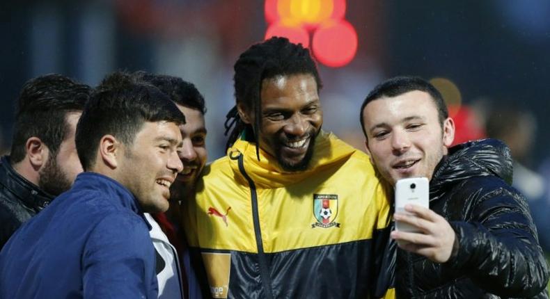 Former Cameroon star Rigobert Song (C, pictured May 2014) is coaching the Olympics squad, who are expected to emerge overall winners in the second leg of a first-round qualifier for the 2020 Tokyo Games