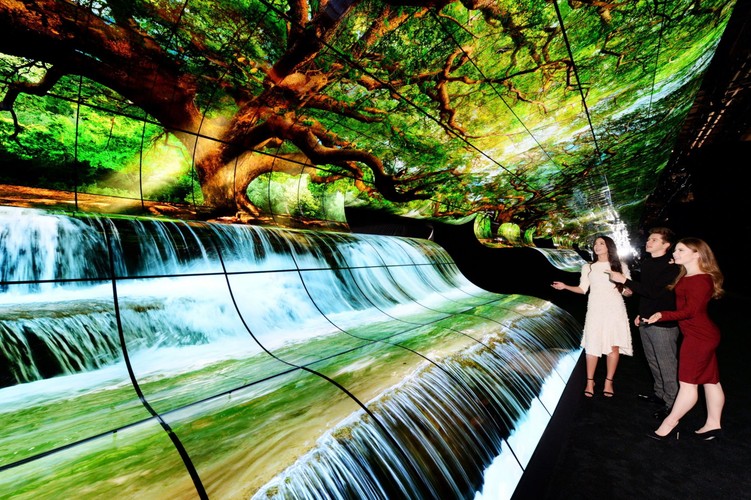 LG Electronics zademonstrowało około 260 elastycznych ekranów OLED połączonych ze sobą w taki sposób, aby imitowały wodospad.