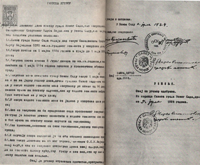 Zakupni ugovor između Gradskog saveta Novog Sada i OSK „Vojvodina“ potpisan je 2. jula 1924. godine