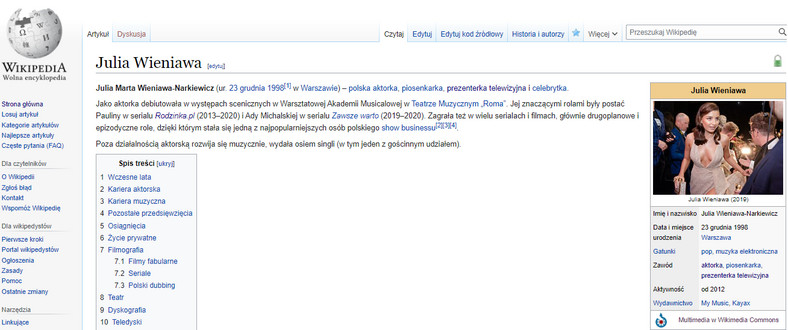 Obecny wygląd biogramu Julii Wieniawy na Wikipedii