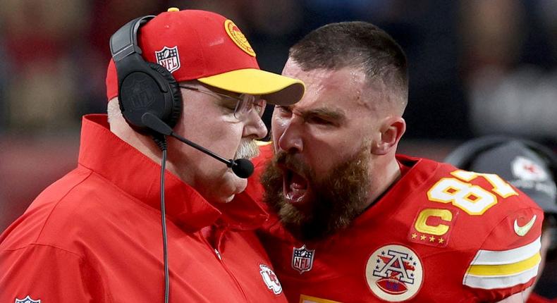 Travis Kelce of the Kansas City Chiefs reacts at head coach Andy Reid in the first half against the San Francisco 49ers during Super Bowl LVIII.Jamie Squire/Getty Images