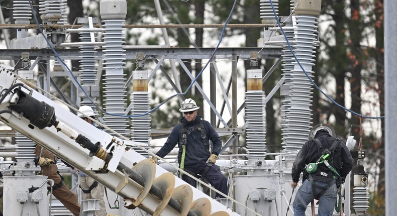 A view of the substation while work is in progress as tens of thousands are without power on Moore County after an attack at two substations by Duke Electric were shot at in Carthage NC, United States on December 05, 2022.Photo by Peter Zay/Anadolu Agency via Getty Images