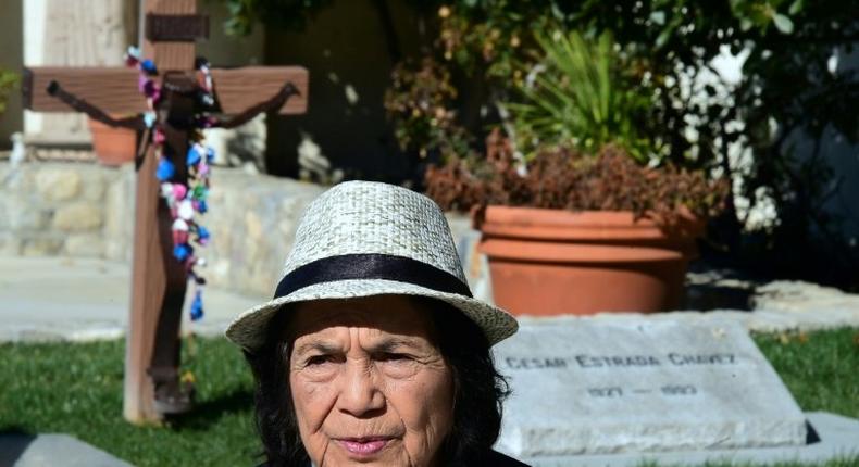 American labour leader Dolores Huerta visits the graves of Cesar and Helen Chavez in Keene, California, on January 31, 2017