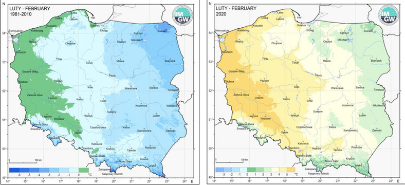 Średnia miesięczna temperatura powietrza w lutym w latach 1981-2010 (lewy panel) oraz w 2020 roku (prawy panel)