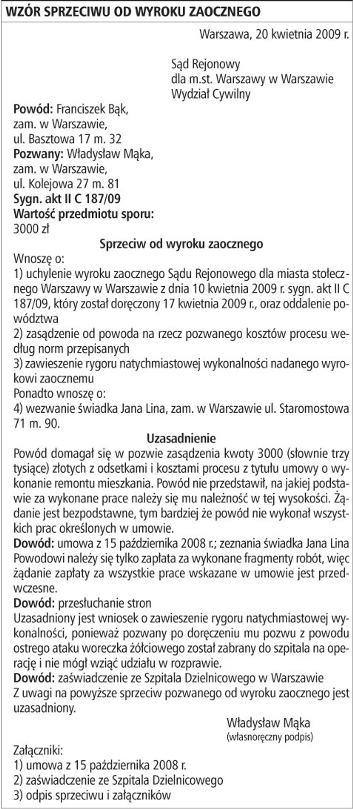 Wzór sprzeciwu do wyroku zaocznego
