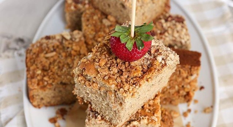 Banana cake with granola and almond topping.