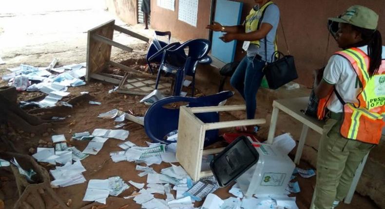 INEC adhoc officials at a polling station where election violence happened in the last general elections. (ARISE TV)