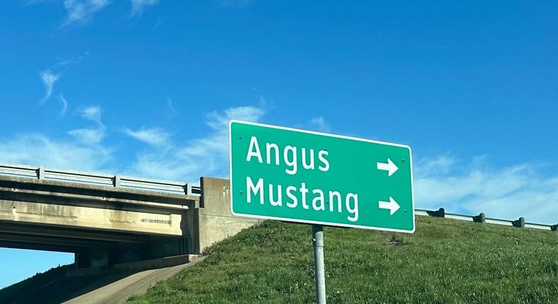 A street sign pointing toward Mustang and its neighboring town, Angus.Alcynna Lloyd/Business Insider