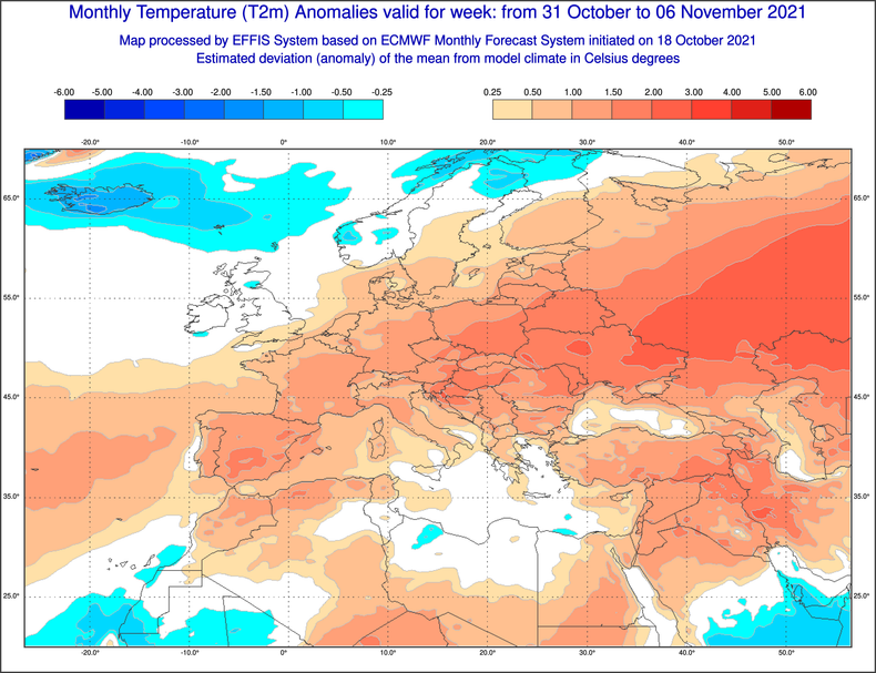 Prognozowane odchylenie temperatury od średniej (31.10-06.11)