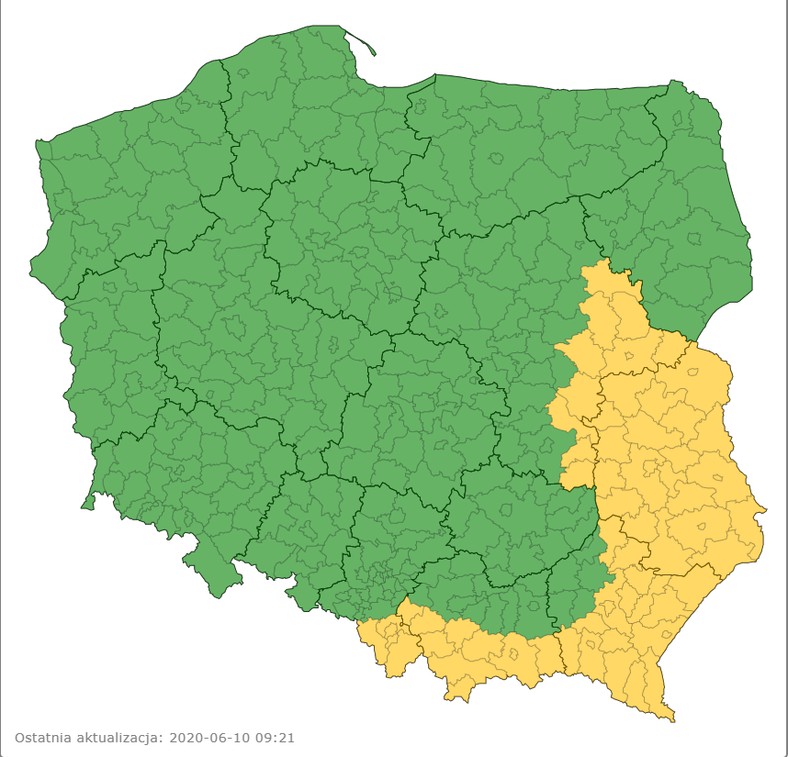 Burze w Polsce - środa 10.06 (żółty obszar)