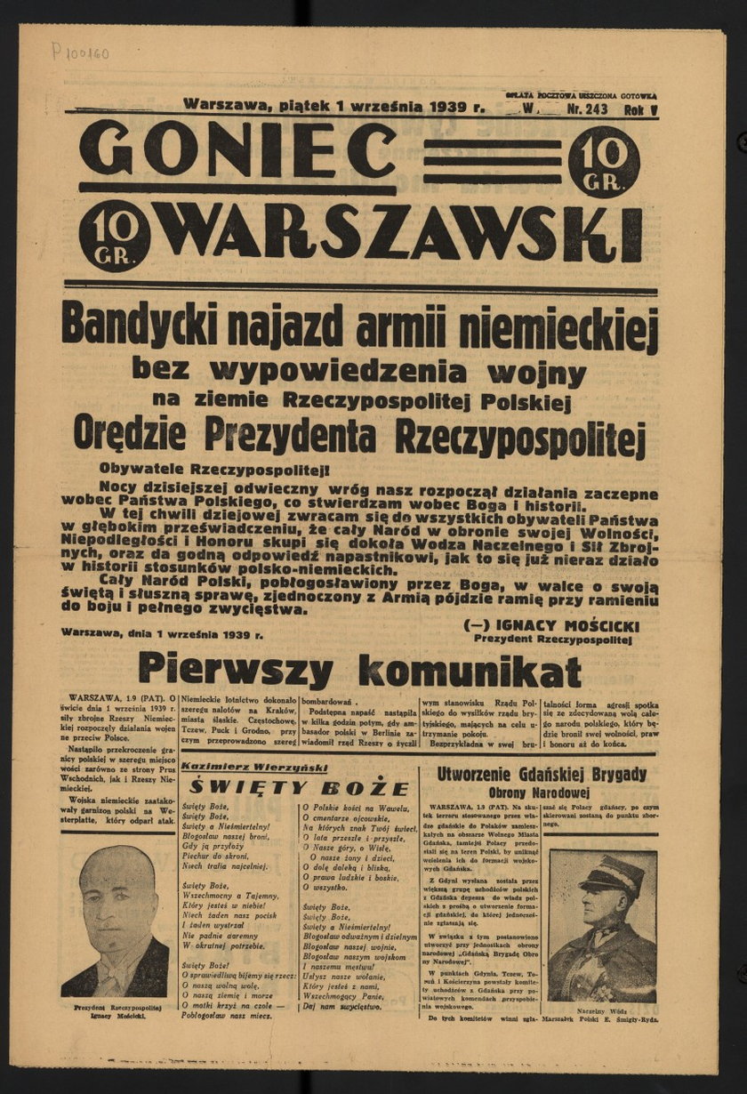 Nagłówki gazet z 1 września 1939 roku.