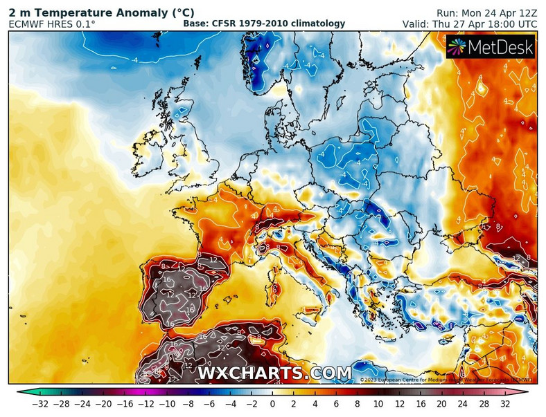 Temperatura w południowo-zachodniej Europie może o ponad 15 st. C przekraczać normę!