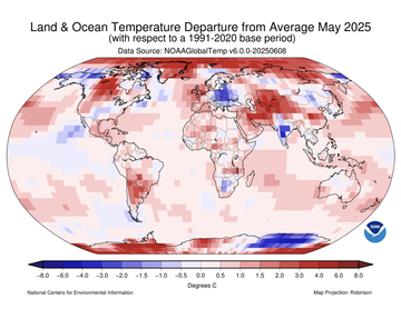 Hőmérsékleti eltérés 2025 májusában az 1991-2020-as klímaátlaghoz képest. Adatok forrása: NOAA