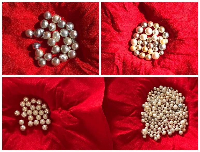 Po lewej u góry: hodowlane perły barokowe. Po prawej: różne kolory hodowlanych pereł. Na dole: perły hodowlane (po lewej) są zazwyczaj większe od naturalnych (po prawej)
