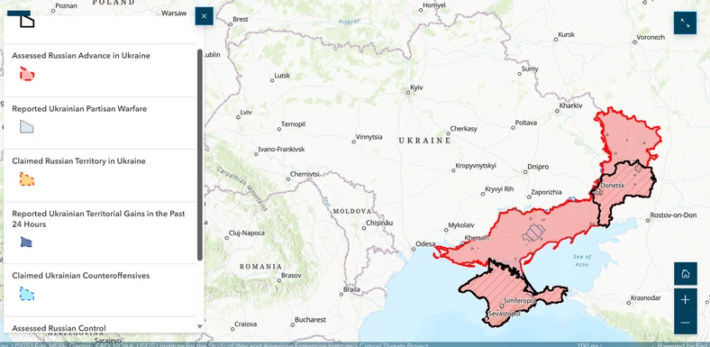 Na czerwono — obszar aktualnie okupowany przez Rosjan