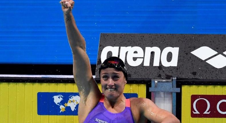 Spain's Mireia Belmonte celebrates after winning the women's 200m butterfly final during the swimming competition at the 2017 FINA World Championships in Budapest, on July 27, 2017