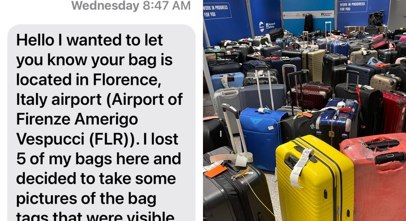 After thinking her bag was lost in the sea of luggage at Rome Airport (right), Lisa Khan got a text from a stranger staying she'd found it in Florence.