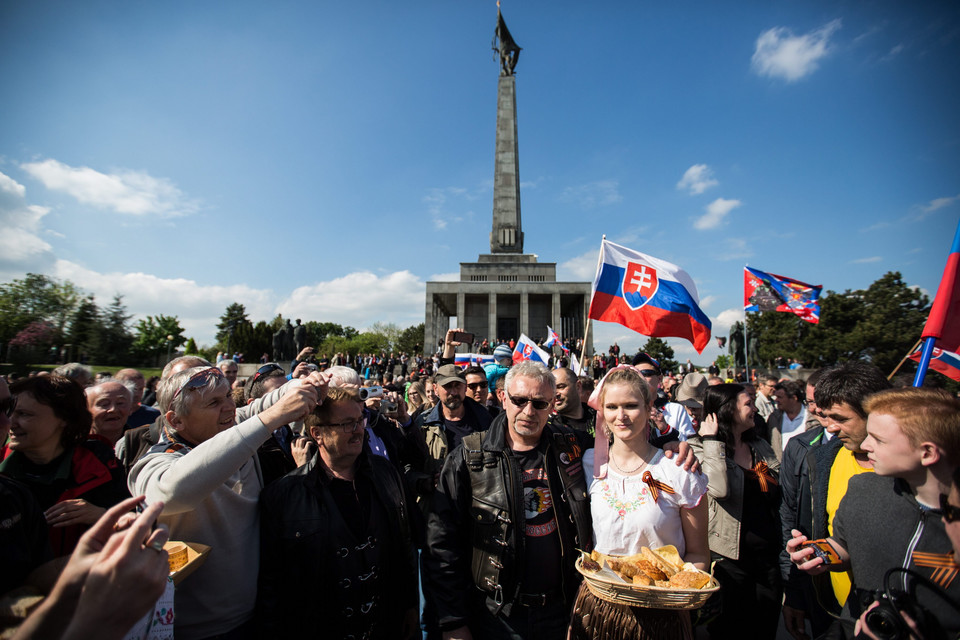 SLOVAKIA NIGHT WOLVES (Members of the Night Wolves visits the WWII memorial to Soviet soldiers Slavin)