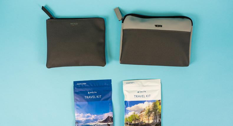 Here are Delta's amenity kits: Delta One, premium economy, comfort plus, and main cabin.