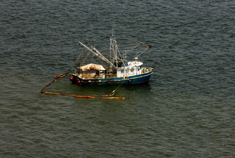 Katastrofa w Zatoce Meksykańskiej: Grand Isle, Louisiana, USA. Niedaleko Grand Isle statek rybacki zbiera ropę z powierzchni wody. Wcześniej miejscowi rybacy łowili krewetki, teraz zbierają ropę. Foto: Derick E. Hingle/Bloomberg
