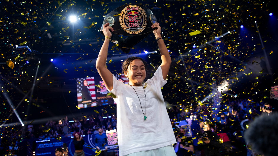 B-girl Logistx celebrates her victory at the Red Bull BC One B-girls World Final in the ERGO Arena in Gdansk, Poland on november 6