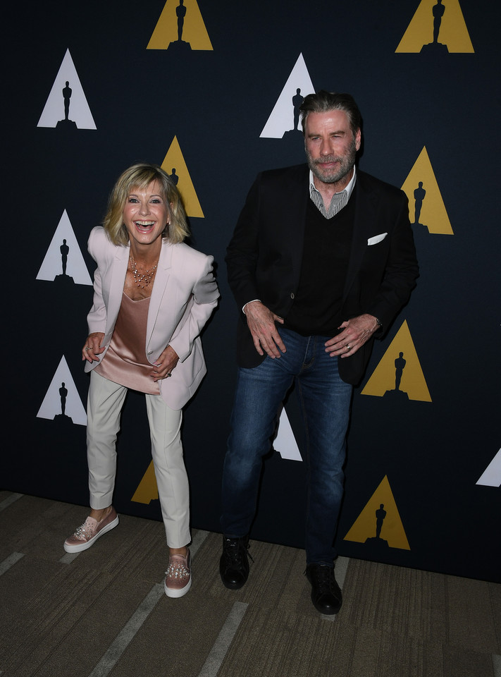 John Travolta i Olivia Newton-John podczas 40-lecia musicalu "Grease"