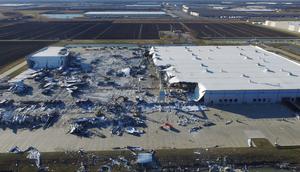 The site of a roof collapse at an Amazon.com distribution centre a day after a series of tornadoes dealt a blow to several US states, in Edwardsville, Illinois,December 11, 2021.