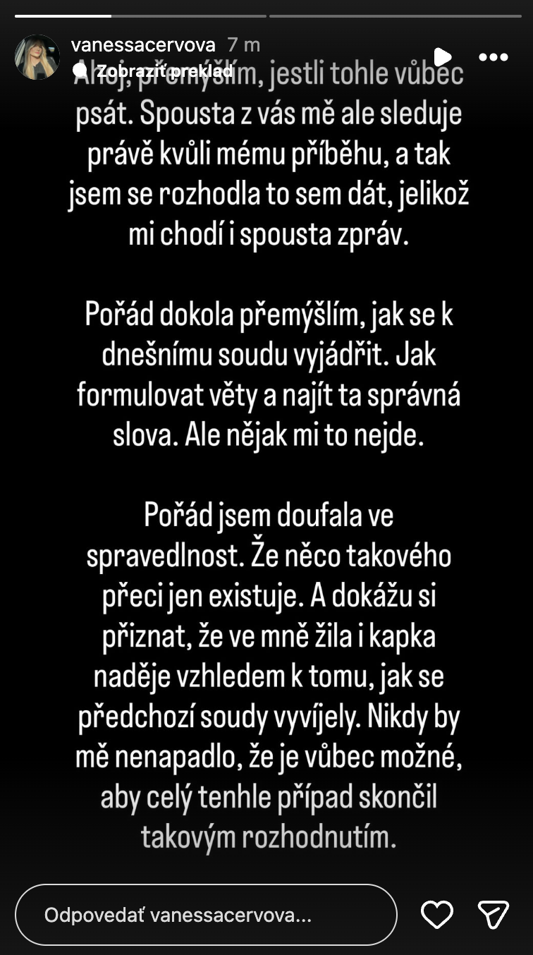 Vanessa Červová sa vyjadrila k súdu.
