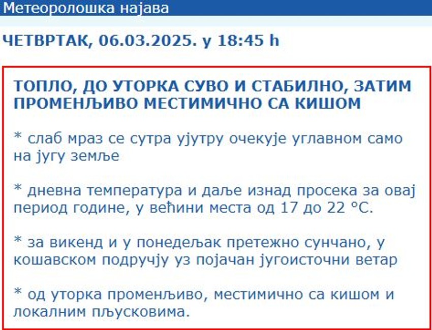 RHMZ najava vremenske prognoze