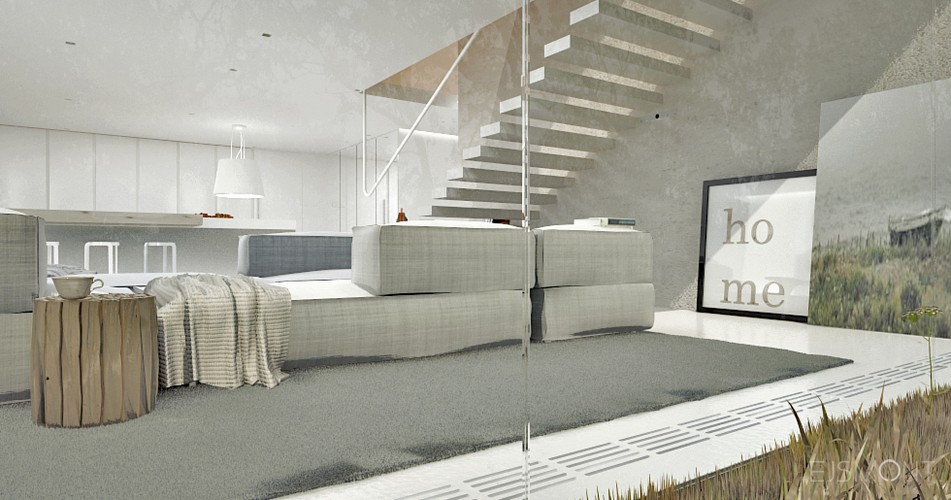 Minimalistyczna, biała strefa dzienna - projekt Ejsmont