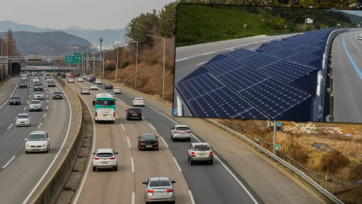 Ścieżka zadaszona panelami słonecznymi przebiega przez środek autostrady w Korei Południowej