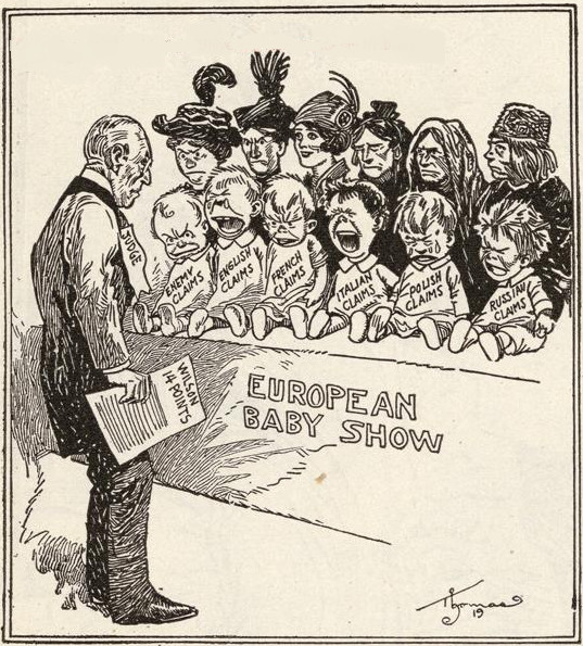 Prezydent Wilson w konfrontacji z rozpłakanymi dziećmi, symbolizującymi europejskie roszczenia i postulaty. Drugie dziecko od prawej symbolizuje Polskę. Karykatura z „The Detroit News in Review of Reviews”, 1919 r.