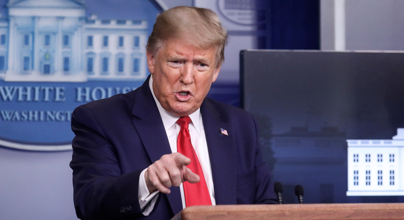 FILE PHOTO: U.S. President Donald Trump takes questions as he addresses the daily coronavirus task force briefing at the White House in Washington, U.S., April 13, 2020. REUTERS/Leah Millis