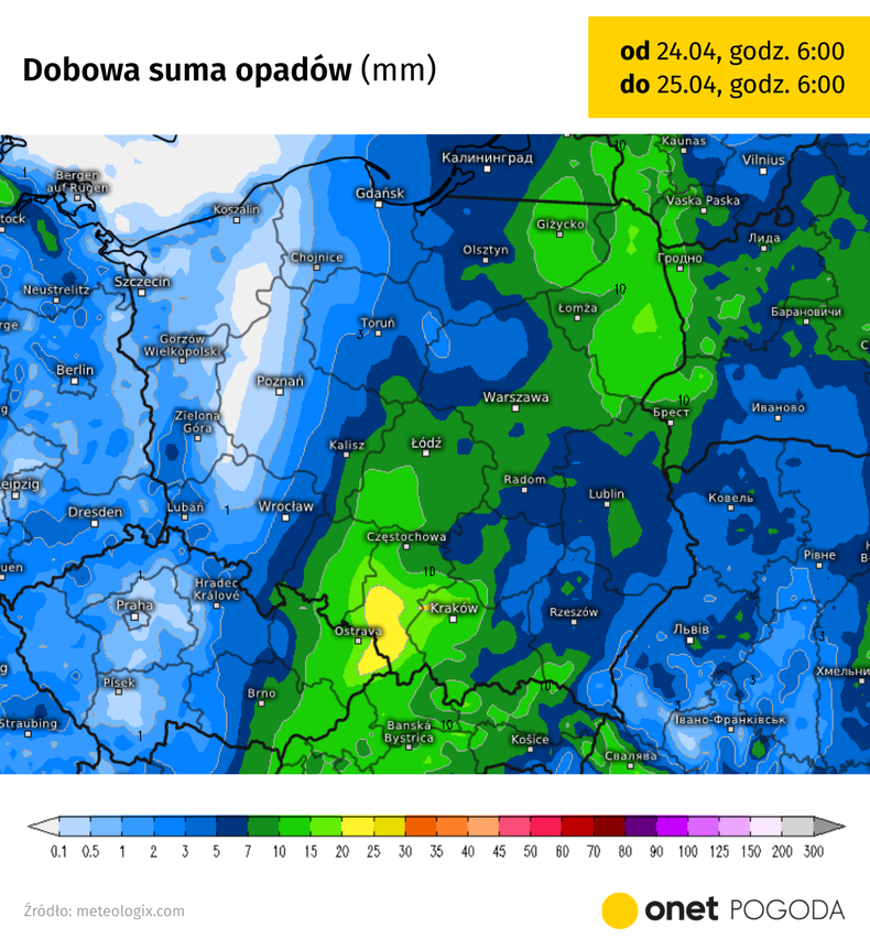 Miejscami dobowa suma opadów wyniesie nawet 20 mm