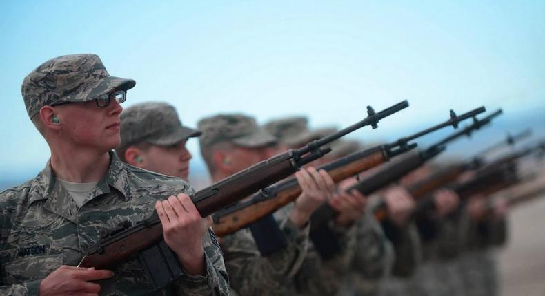 Ellsworth Honor Guardsmen practice live-firing party movements at Ellsworth Air Force Base, S.D., Feb. 9, 2015.